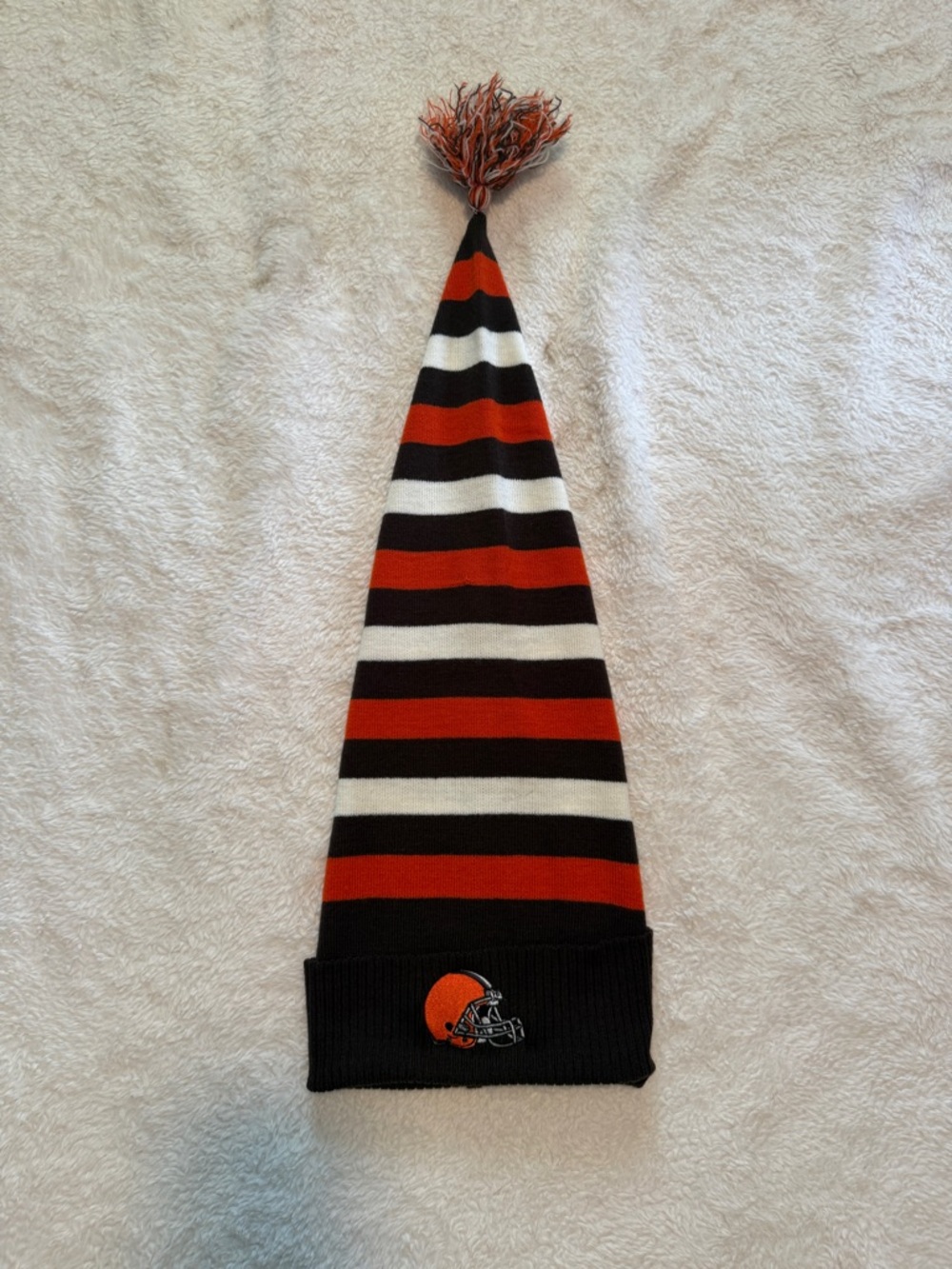 Striped Orange, Black & White Pom Long Beanie Hat